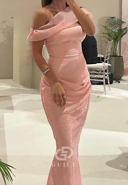 Blushing Pink Off-Shoulder Sleeveless Sheath Prom Dress