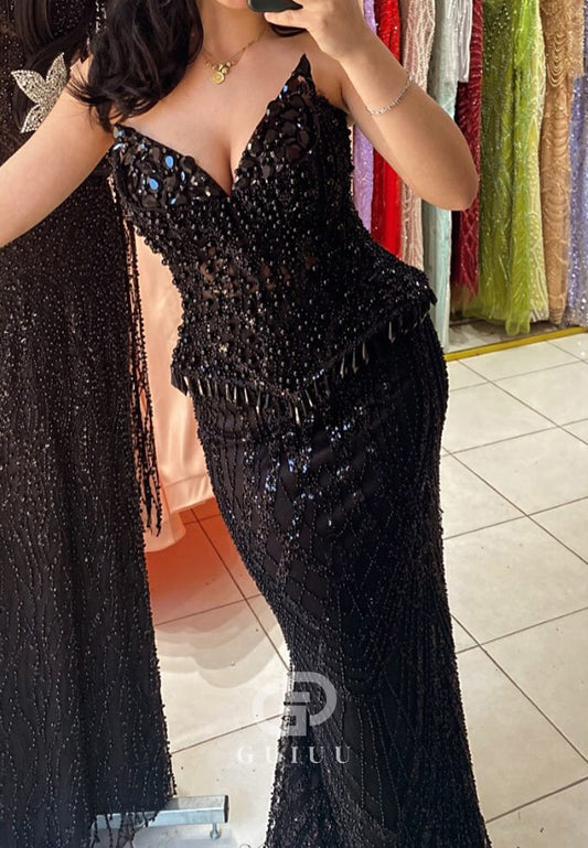 Black Sheath Sleeveless V-Neck Beads  Evening Dress