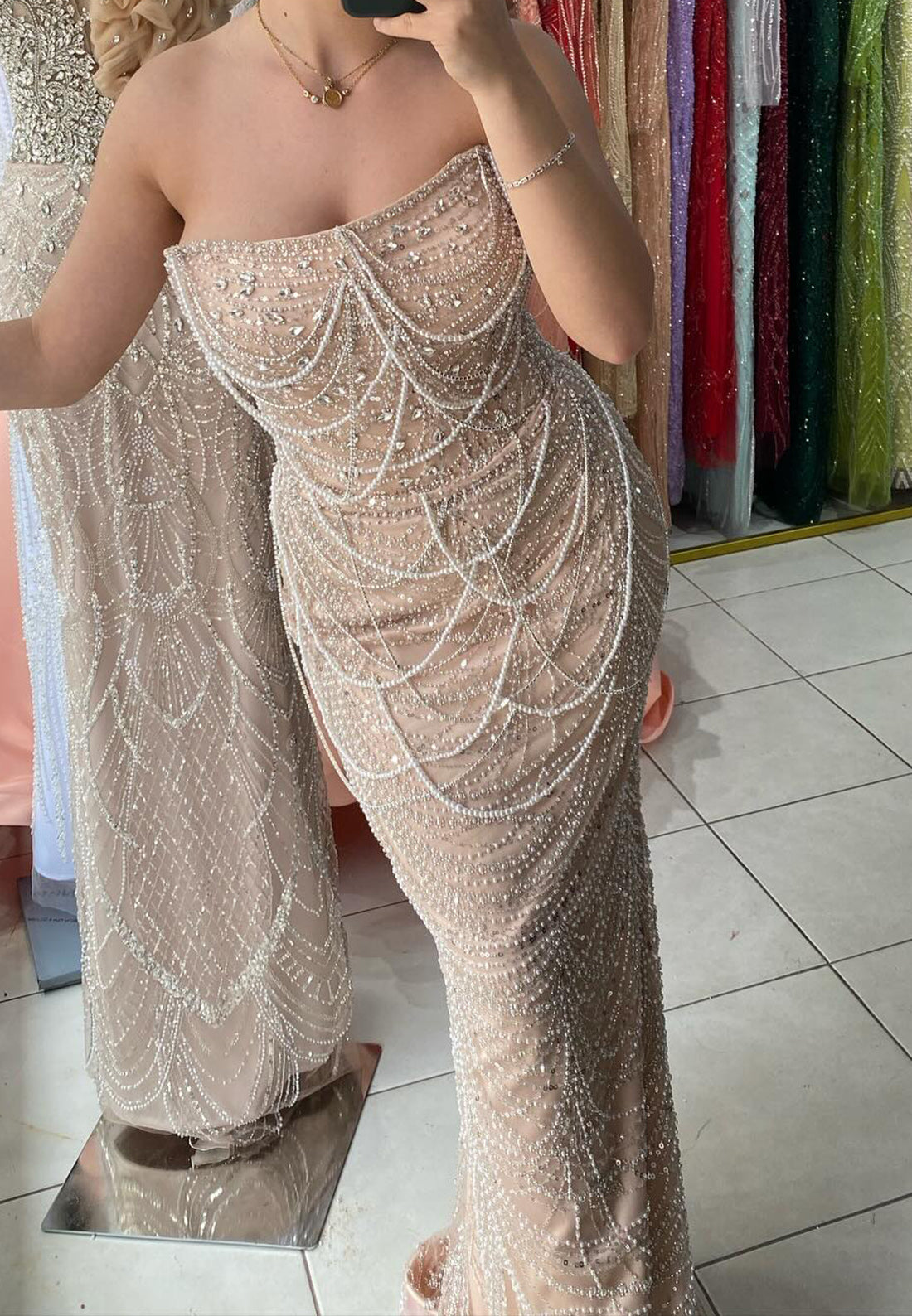 Gorgeous Strapless Sleeveless Pearls Beads Evening Dress