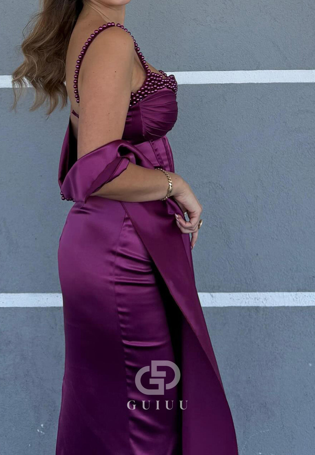 Orchid Spaghetti Straps Sweetheart Pearls Sheath Evening Dress