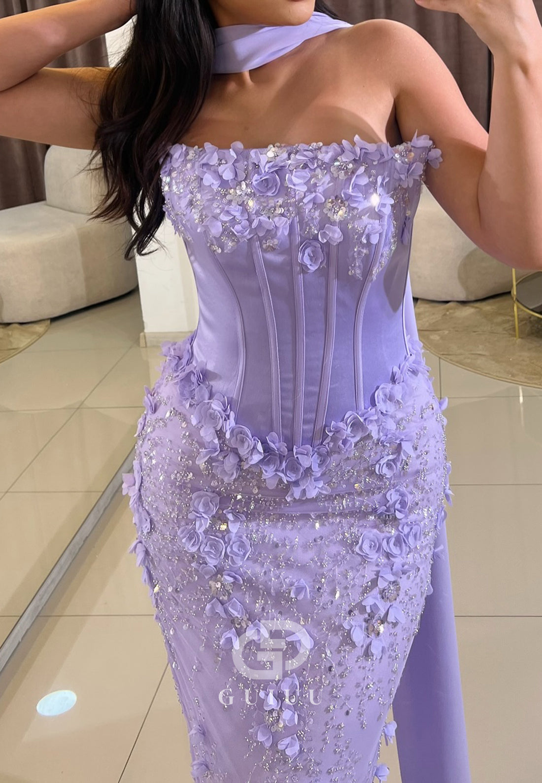 Charming A-Line Sleeveless Strapless Floral Applqieus Sheath Prom Dress