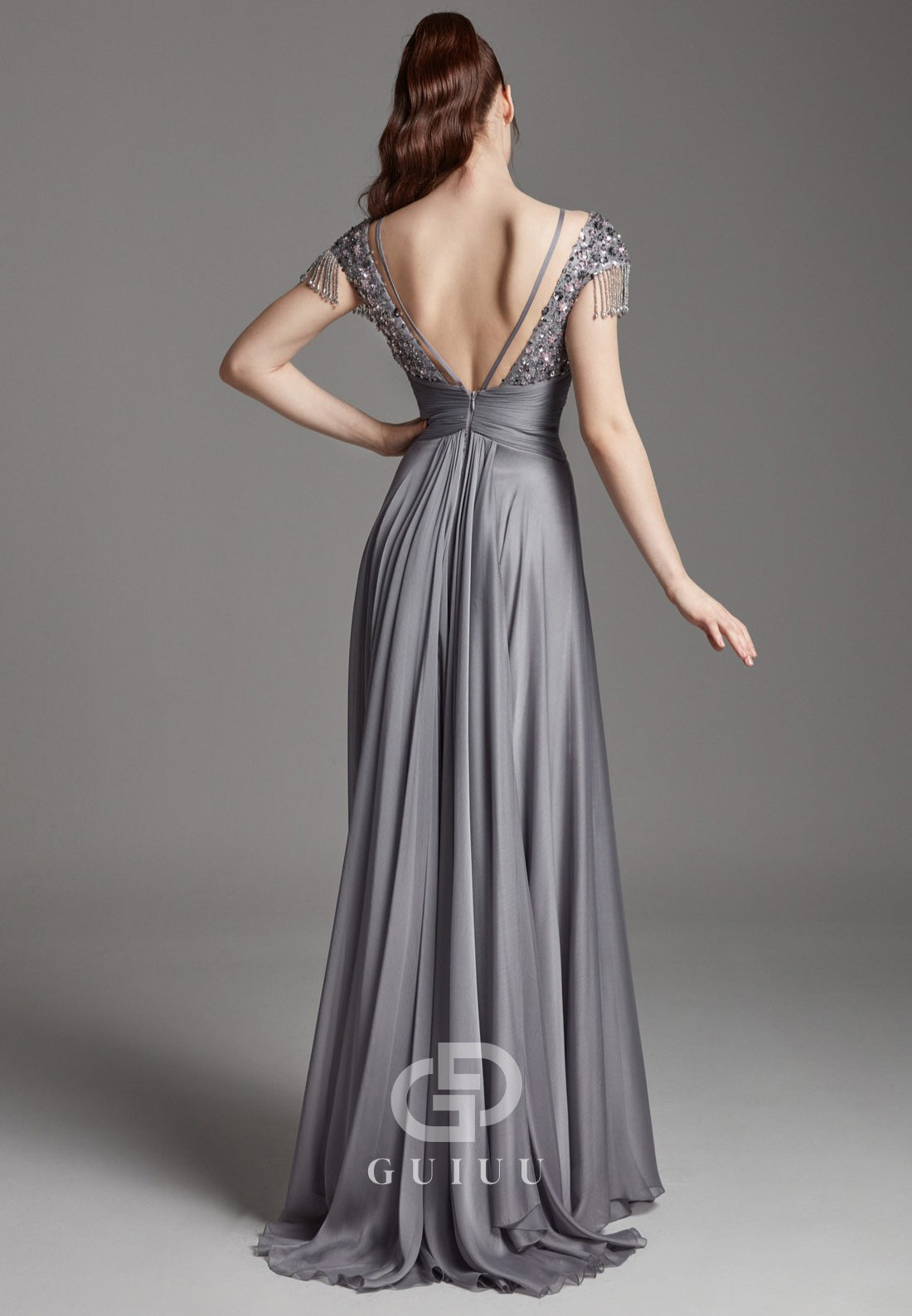 Dolphin Grey V-Neck Sequins Empire-Waist Evening Dress