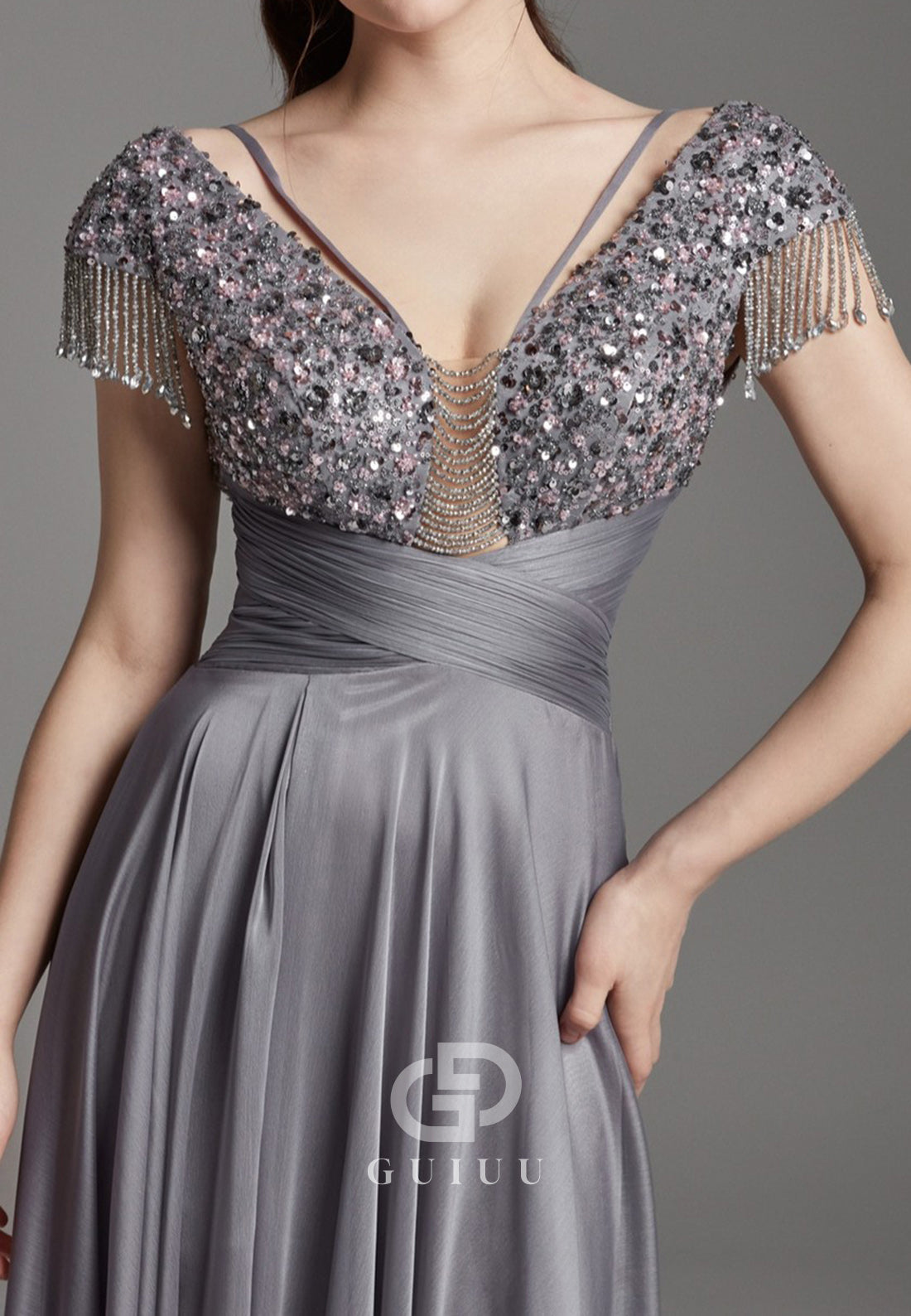 Dolphin Grey V-Neck Sequins Empire-Waist Evening Dress