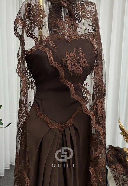 Cabernet Long Sleeves Ruched Lace Evening Dress
