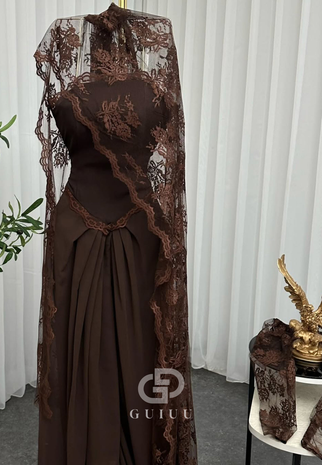 Cabernet Long Sleeves Ruched Lace Evening Dress