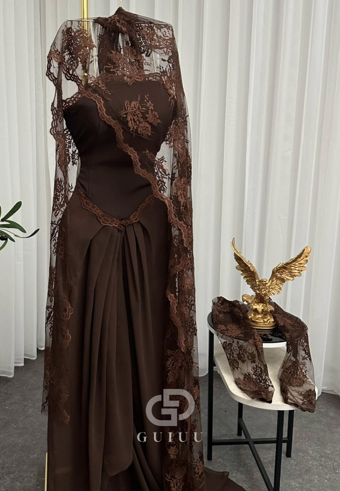 Cabernet Long Sleeves Ruched Lace Evening Dress