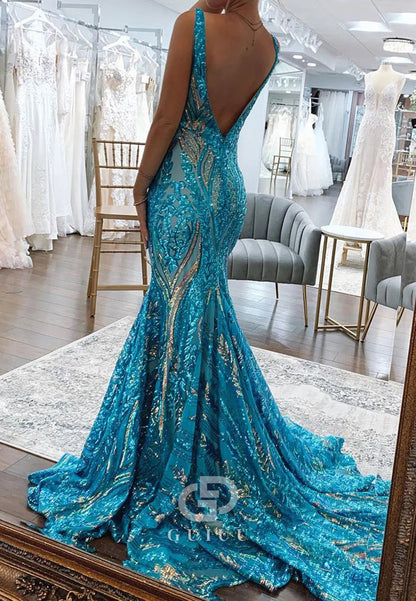 Pool Spaghetti Straps V-Neck Appliques Mermaid Prom Dress