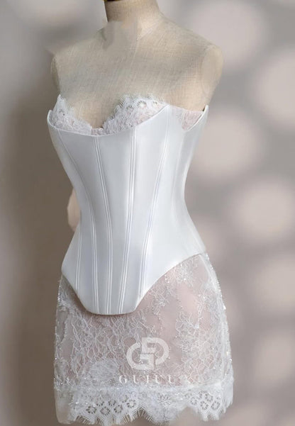 Simple A-Line Sleeveless Strapless Lace Short Wedding Dress