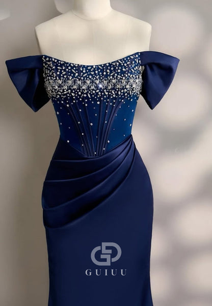 Dark Navy Scoop Sleeveless Sequins Satin Evening Dress