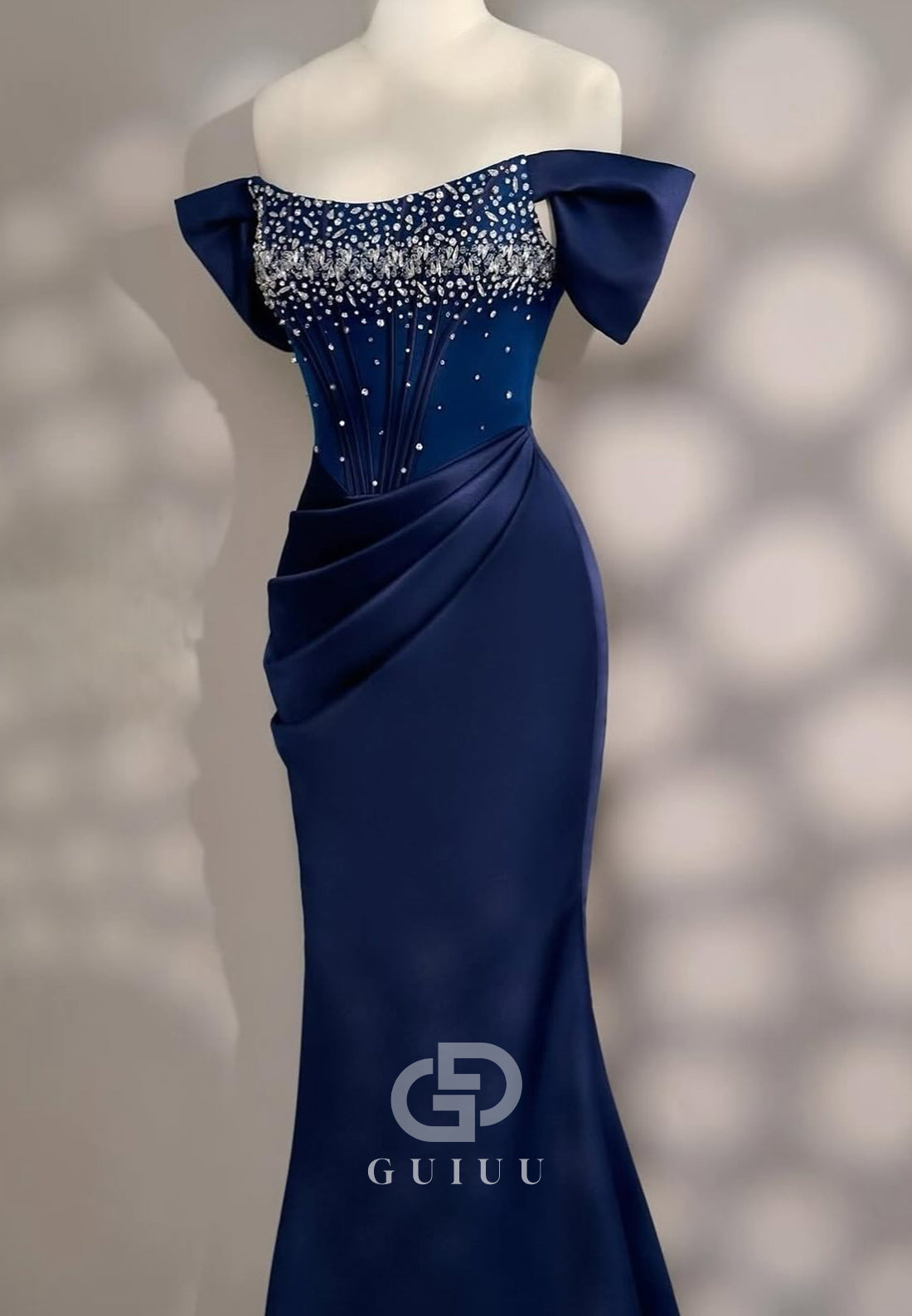 Dark Navy Scoop Sleeveless Sequins Satin Evening Dress