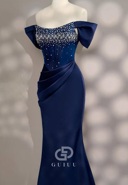 Dark Navy Scoop Sleeveless Sequins Satin Evening Dress