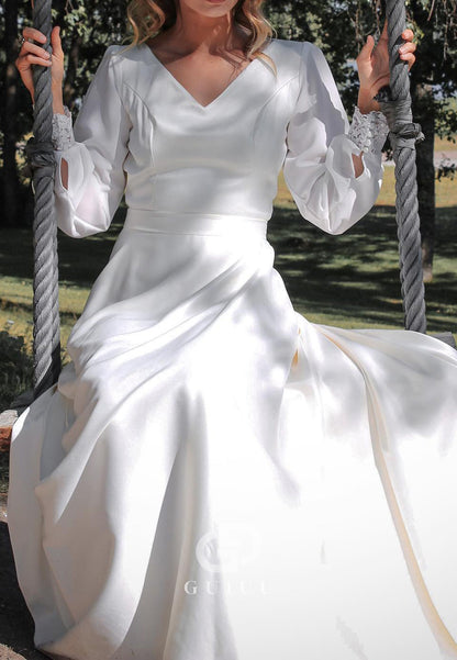 Long Sleeves V-Neck Backless Sweep Train Satin Wedding Dress