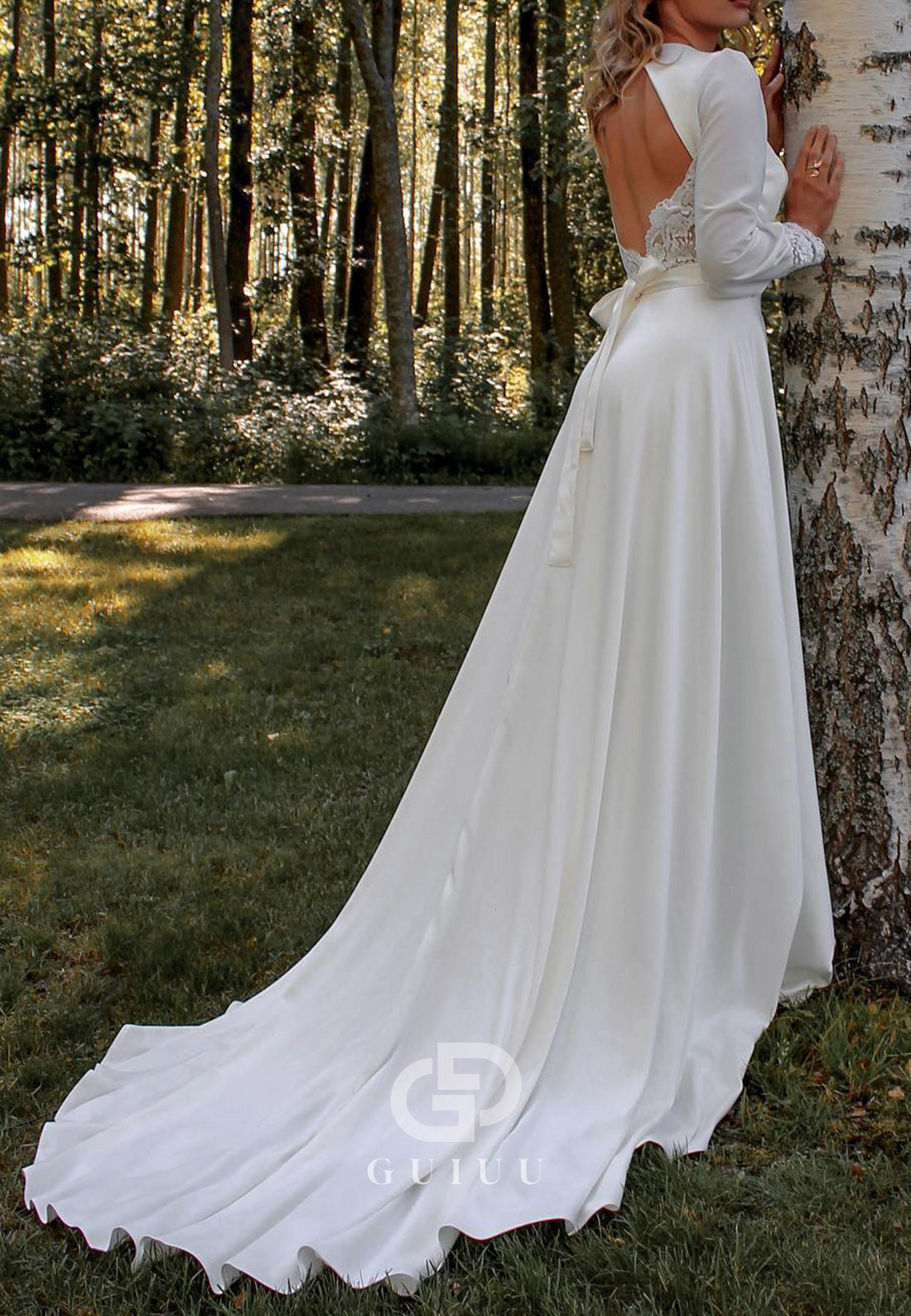 Long Sleeves V-Neck Backless Sweep Train Satin Wedding Dress