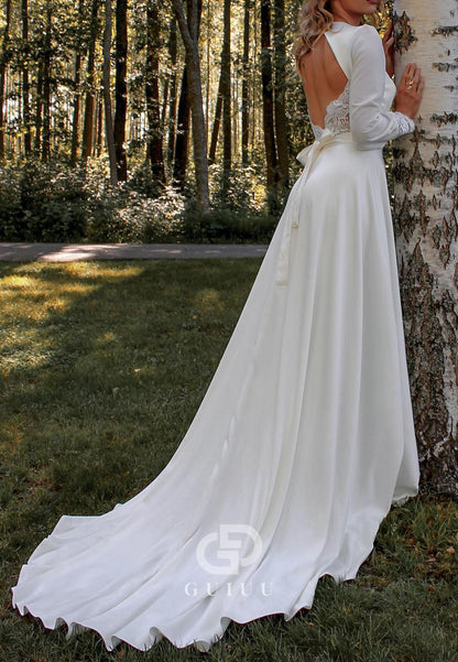 Long Sleeves V-Neck Backless Sweep Train Satin Wedding Dress