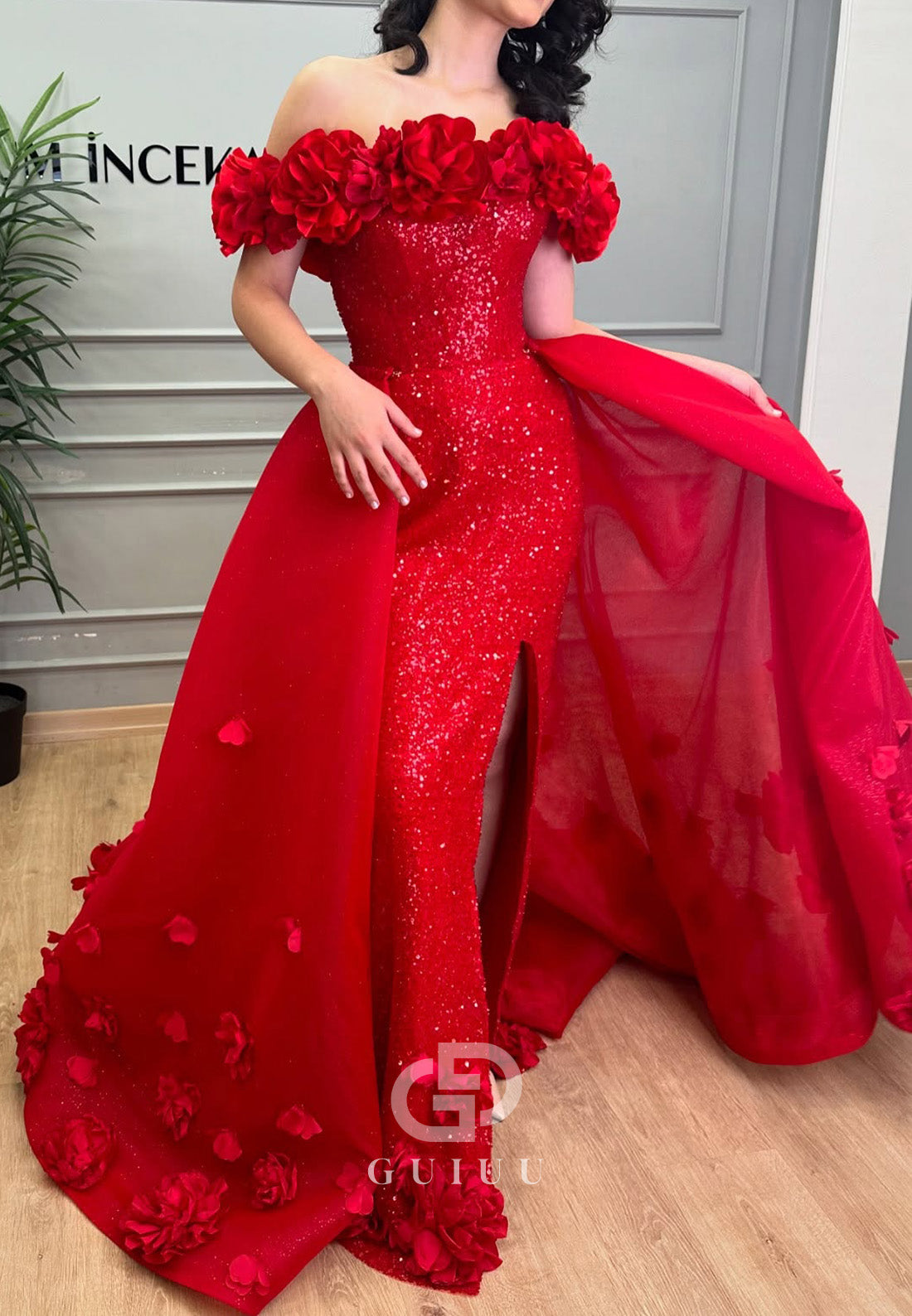 Red Off-Shoulder Slit Sequins Sweep Train Wedding Dress