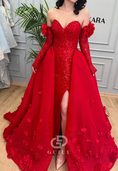 Red Off-Shoulder Slit Sequins Sweep Train Wedding Dress