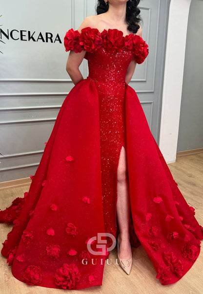 Red Off-Shoulder Slit Sequins Sweep Train Wedding Dress