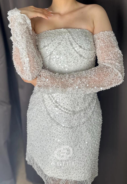 Simple Long Sleeves Off-Shoulder Sequins Pearls Homecoming Dress