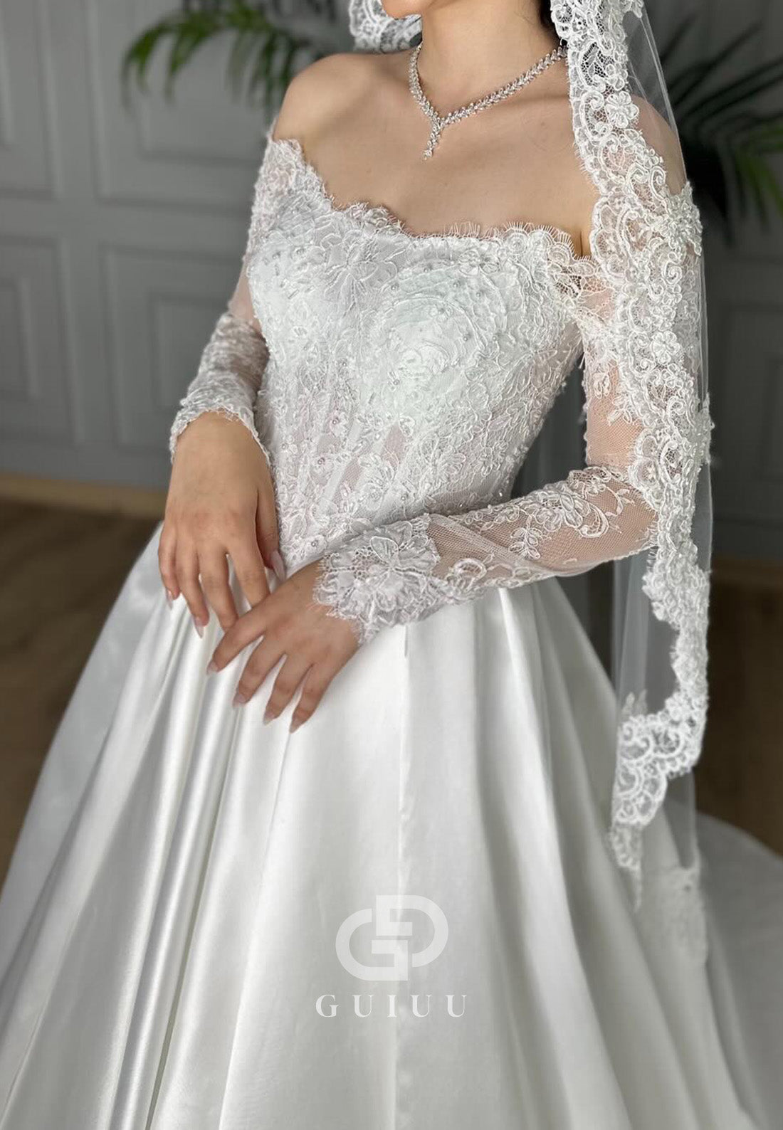 A-Line Long Sleeves Off-Shoulder Sweep Train Wedding Dress
