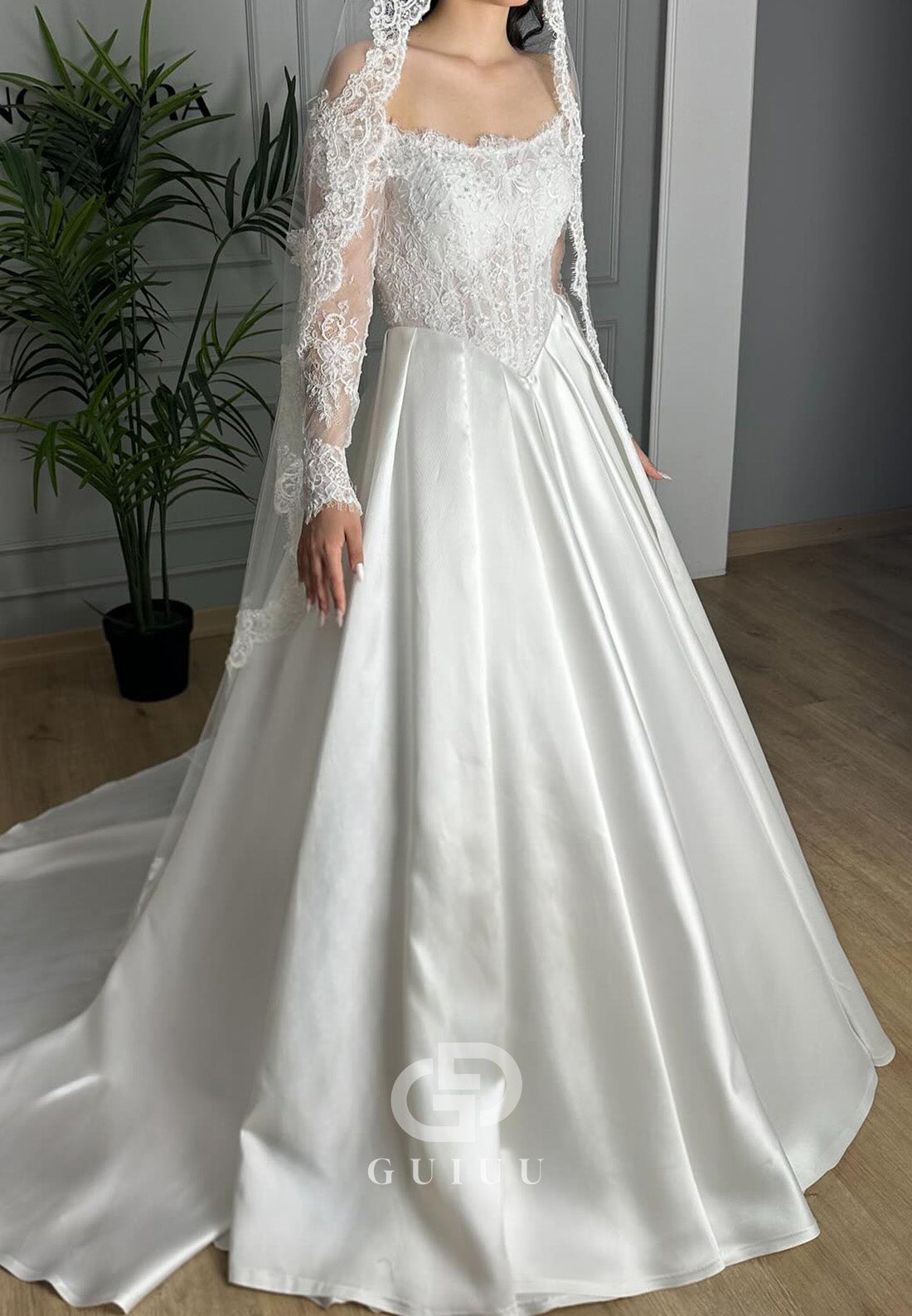 A-Line Long Sleeves Off-Shoulder Sweep Train Wedding Dress