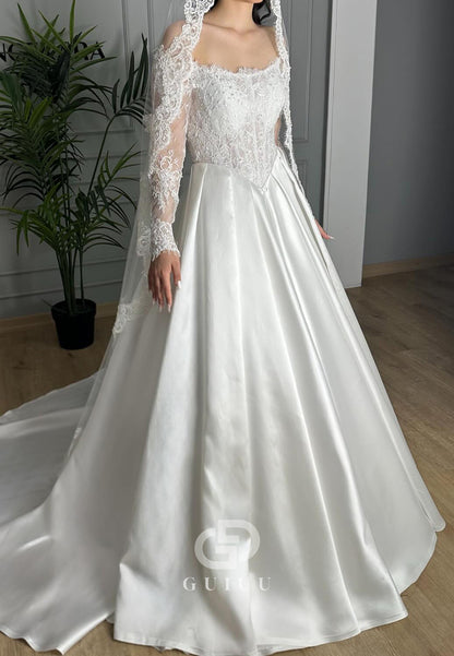 A-Line Long Sleeves Off-Shoulder Sweep Train Wedding Dress