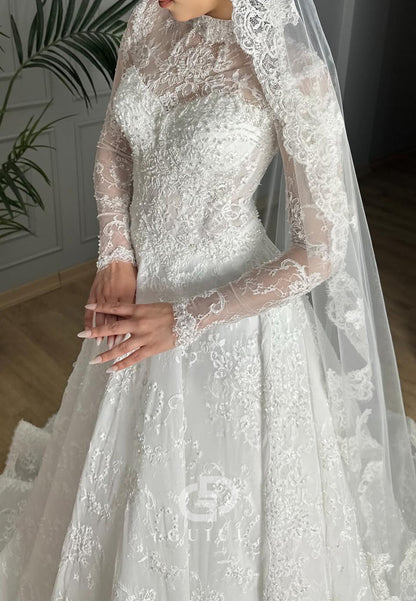 Charming Long Sleeves High Neck A-Line Lace Wedding Dress