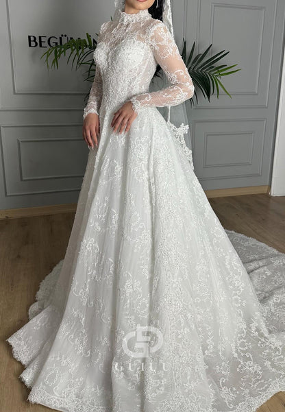 Charming Long Sleeves High Neck A-Line Lace Wedding Dress