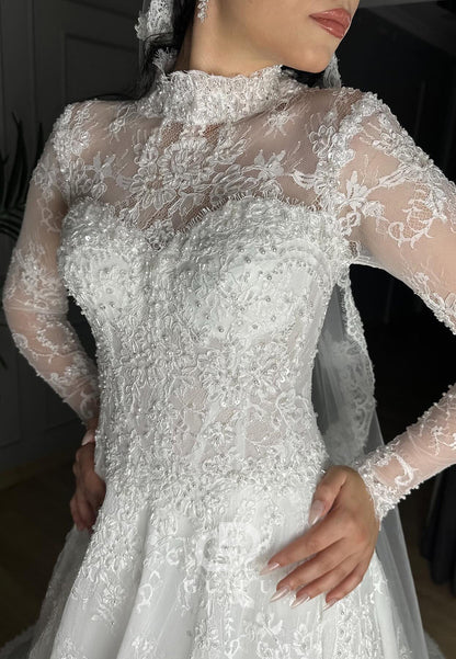 Charming Long Sleeves High Neck A-Line Lace Wedding Dress