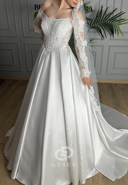 A-Line Long Sleeves Off-Shoulder Sweep Train Wedding Dress