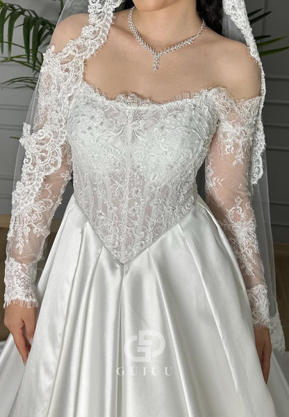 A-Line Long Sleeves Off-Shoulder Sweep Train Wedding Dress