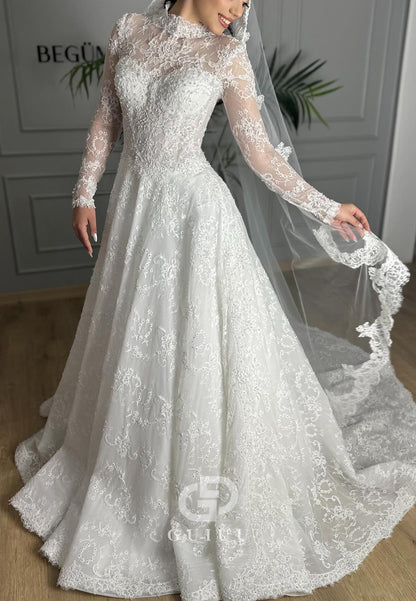 Charming Long Sleeves High Neck A-Line Lace Wedding Dress