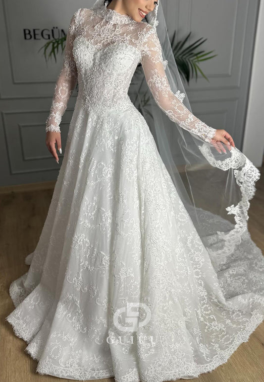 Charming Long Sleeves High Neck A-Line Lace Wedding Dress