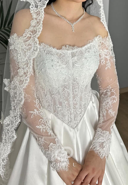 A-Line Long Sleeves Off-Shoulder Sweep Train Wedding Dress