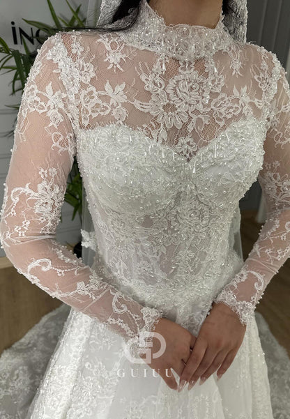 Charming Long Sleeves High Neck A-Line Lace Wedding Dress