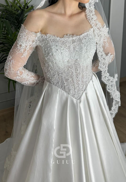A-Line Long Sleeves Off-Shoulder Sweep Train Wedding Dress