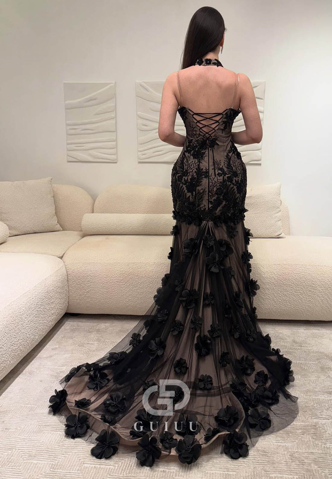 Black Sleeveless Halter Floral Appliques Mermaid Prom Dress