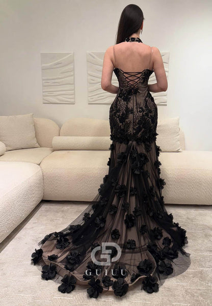 Black Sleeveless Halter Floral Appliques Mermaid Prom Dress