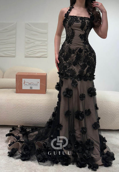 Black Sleeveless Halter Floral Appliques Mermaid Prom Dress