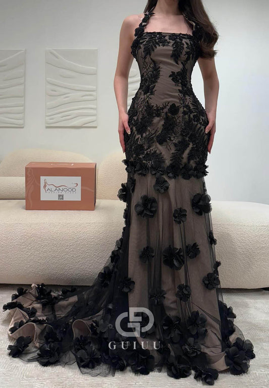 Black Sleeveless Halter Floral Appliques Mermaid Prom Dress