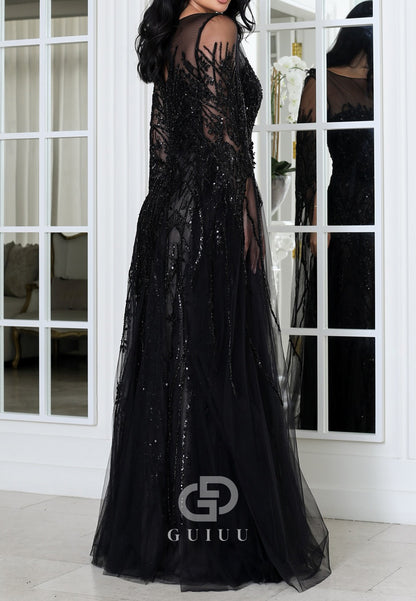 Black Long Sleeves Scoop Appliques Lace Evening Dress