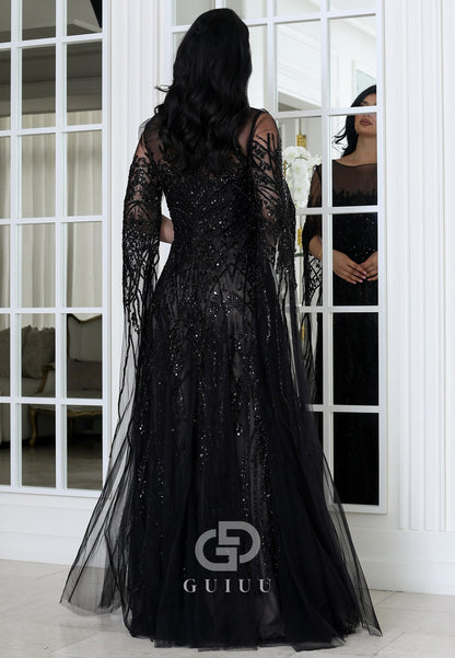Black Long Sleeves Scoop Appliques Lace Evening Dress