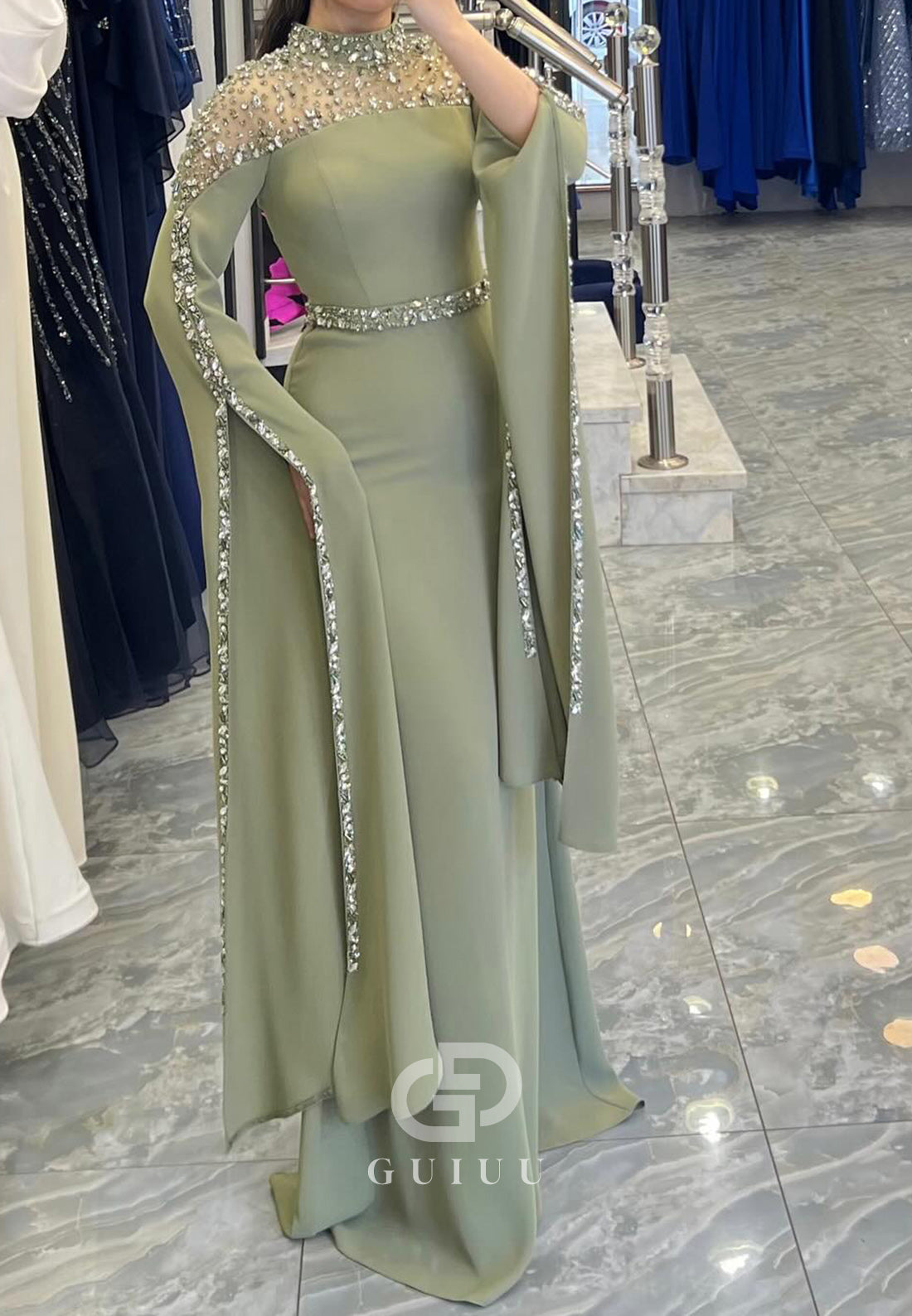 Elegant Cap Sleeves Scoop Empire-Waist Chiffon Evening Dress