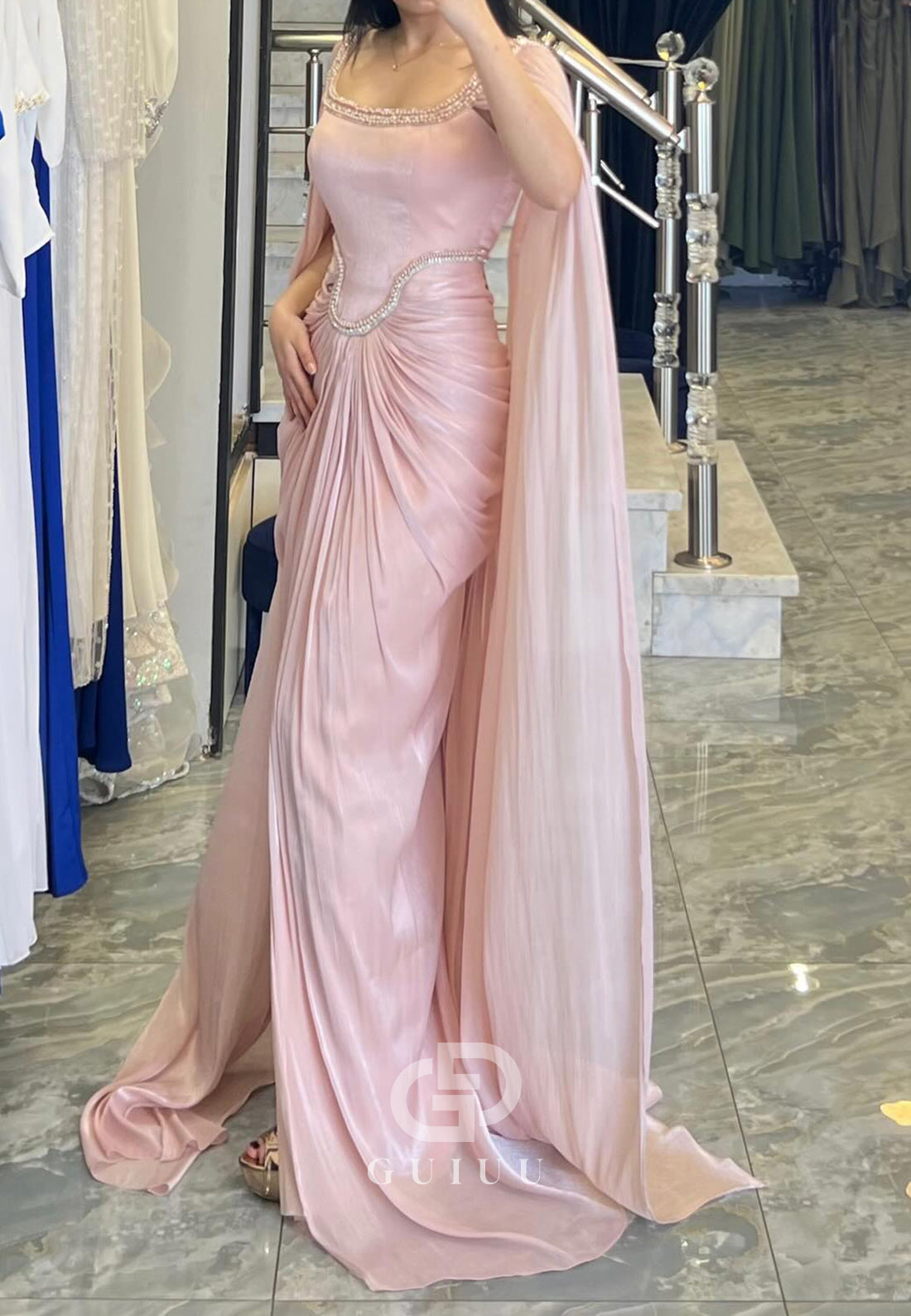 Blushing Pink Square Cap Sleeves Ruched Evening Dress