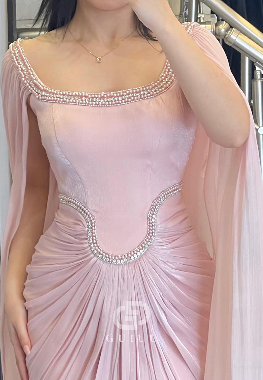 Blushing Pink Square Cap Sleeves Ruched Evening Dress