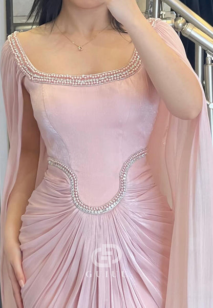 Blushing Pink Square Cap Sleeves Ruched Evening Dress