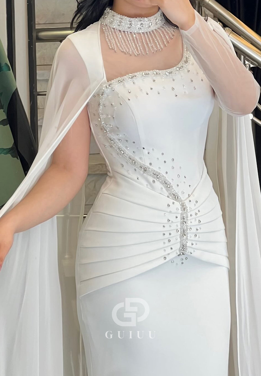 White Cape Halter Sequins Satin Evening Dress