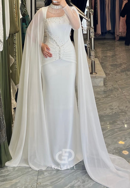 White Cape Halter Sequins Satin Evening Dress