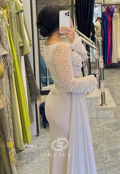 Long Sleeves Square Beads Empire-Waist Prom Dress