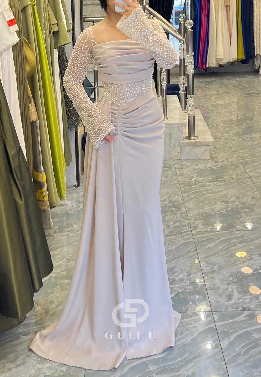 Long Sleeves Square Beads Empire-Waist Prom Dress
