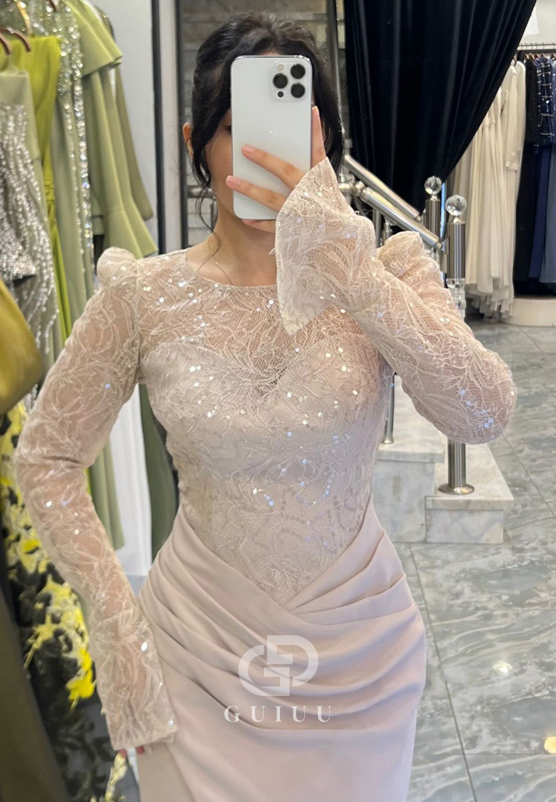 Elegant Long Sleeves Scoop Ruched Slit Empire-Waist Prom Dress